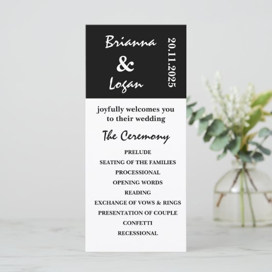 Stijlvol eigentijds zwart-wit bruiloft programma programmakaart (Staand voorkant)