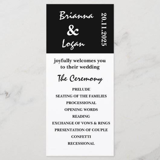 Stijlvol eigentijds zwart-wit bruiloft programma programmakaart (Voorkant)