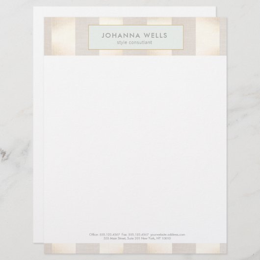 Stijlvol Elegant Beige Linen Gold Striped Custom Briefhoofd (Voorkant / Achterkant)