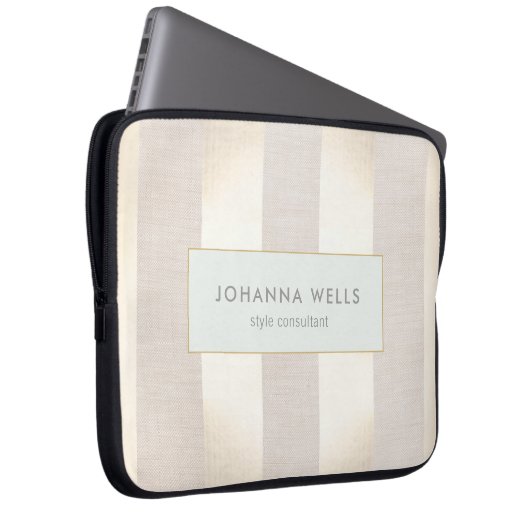 Stijlvol Elegant Beige Linen Gold Striped Laptop Sleeve (Voorkant Rechts)