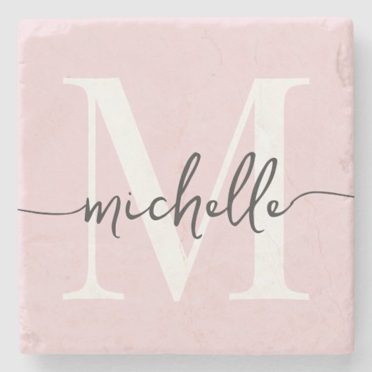 Stijlvol Elegant Blush Roze Monogram Naam Script Stenen Onderzetter (Voorkant)