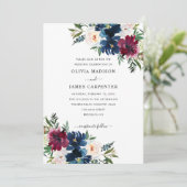 Stijlvol Elegant Burgundy Navy Blue Floral Wedding Kaart (Staand voorkant)