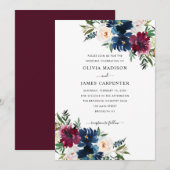Stijlvol Elegant Burgundy Navy Blue Floral Wedding Kaart (Voorkant / Achterkant)