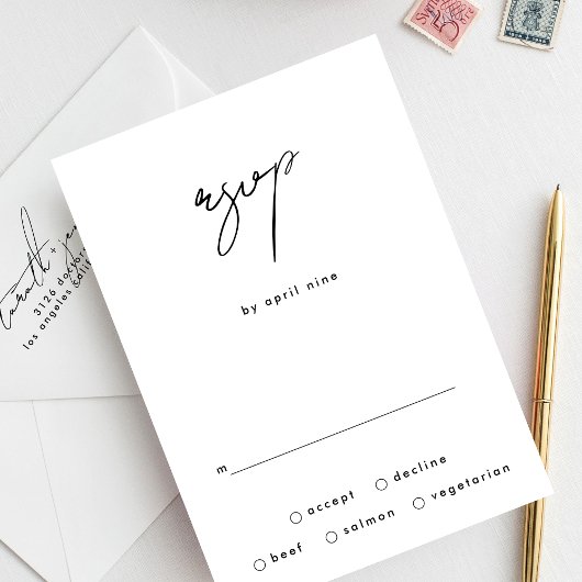 Stijlvol Elegant Custom Names Black White Wedding RSVP Kaartje