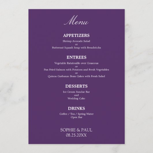 Stijlvol Elegant Donker Paarse Bruiloft Menu (Voorkant)