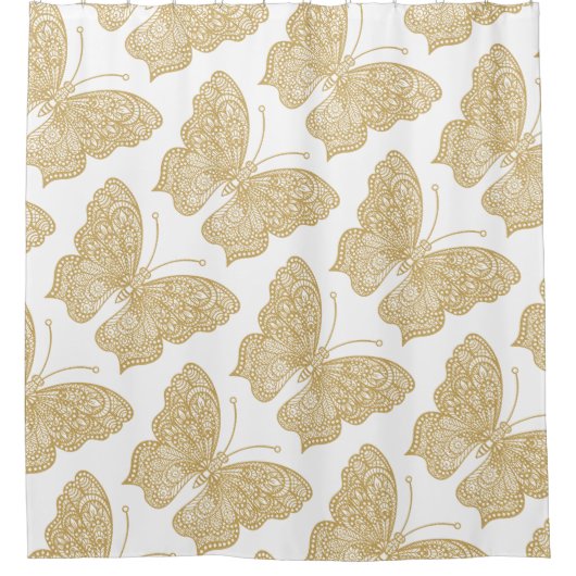 Stijlvol Elegant Gold Butterfly Pattern White Douchegordijn (Voorkant)