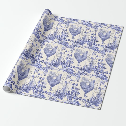Stijlvol Elegant  Haan Blauw Bloemen Toile Cadeaupapier (Uitgerold)