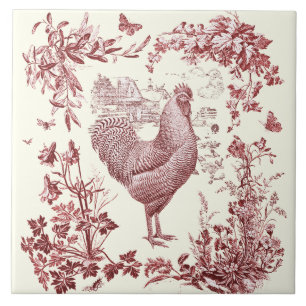 Stijlvol Elegant  Haan Rood Bloemen Toile Tegeltje