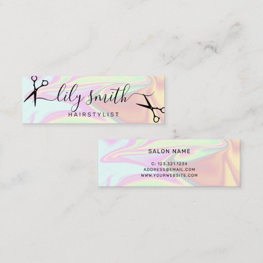 Stijlvol, elegant holografisch haarstylist mini visitekaartje (Voorkant / Achterkant)