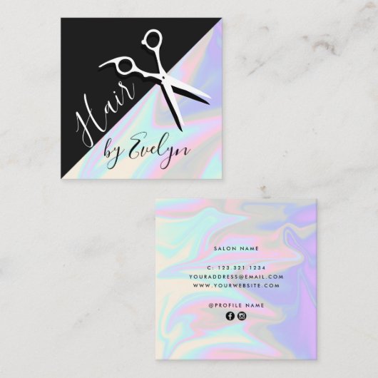 Stijlvol, elegant holografisch haarstylist vierkante visitekaartje (Voorkant / Achterkant)
