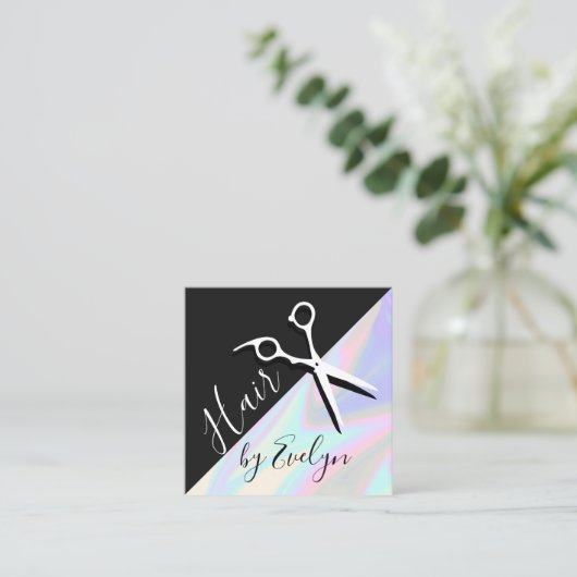 Stijlvol, elegant holografisch haarstylist vierkante visitekaartje (Staand voorkant)
