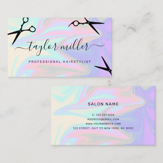 Stijlvol, elegant holografisch haarstylist visitekaartje (Voorkant / Achterkant)