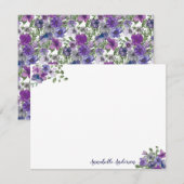 Stijlvol Elegant Paarse Bloemen Waterverf Script Notitiekaartje (Voorkant / Achterkant)