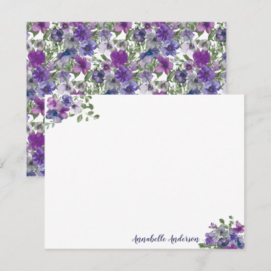 Stijlvol Elegant Paarse Bloemen Waterverf Script Notitiekaartje (Voorkant / Achterkant)