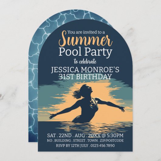 Stijlvol & Elegant Pool Party Verjaardag Kaart (Voorkant / Achterkant)