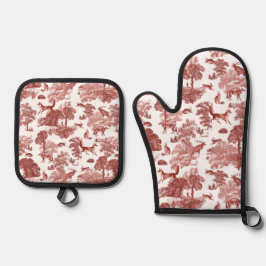 Stijlvol Elegant Red French Toile Fox Rabbit Ovenwant & Pannenlap Set