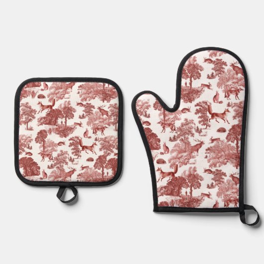 Stijlvol Elegant Red French Toile Fox Rabbit Ovenwant & Pannenlap Set (Voorkant)