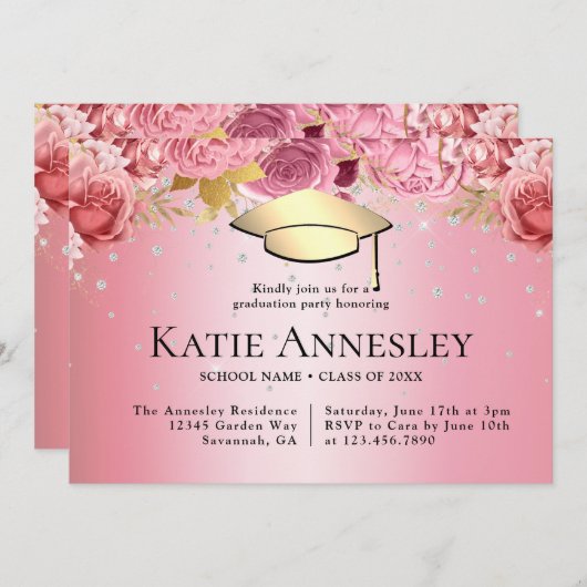 Stijlvol Elegant Roze Floral Afstuderen Kaart (Voorkant / Achterkant)