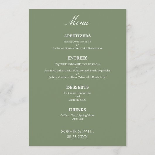 Stijlvol Elegant Sage Groen Bruiloft Menu (Voorkant)