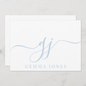 Stijlvol Elegant Script Initiaal Blauw Monogram Notitiekaartje (Voorkant / Achterkant)