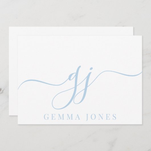 Stijlvol Elegant Script Initiaal Blauw Monogram Notitiekaartje (Voorkant / Achterkant)