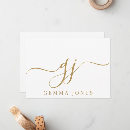 Stijlvol Elegant Script Initiaal Goud Monogram Notitiekaartje (Voorkant / Achterkant in situ)