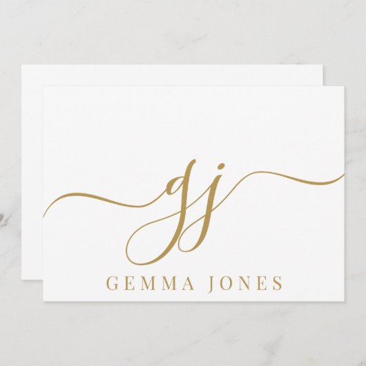 Stijlvol Elegant Script Initiaal Goud Monogram Notitiekaartje (Voorkant / Achterkant)