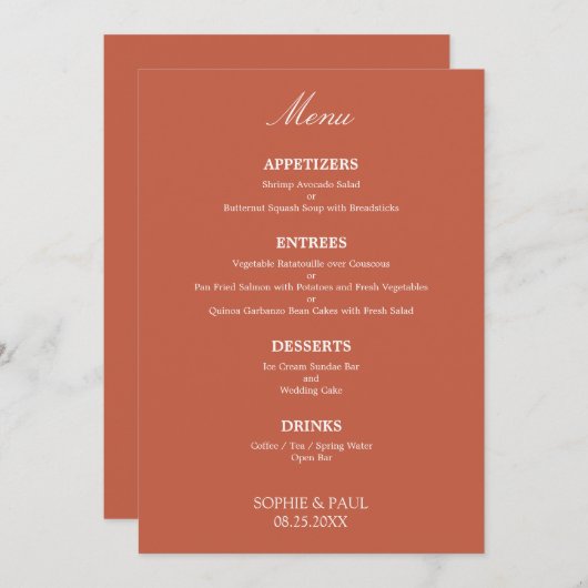 Stijlvol Elegant Terracotta Bruiloft Menu (Voorkant / Achterkant)