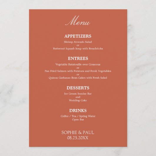 Stijlvol Elegant Terracotta Bruiloft Menu (Voorkant)