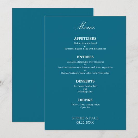 Stijlvol Elegant Turquoise Blauw Bruiloft Menu (Voorkant / Achterkant)