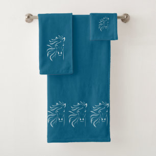 Stijlvol, Elegant, Witte Paard Silhouetten op Blau Bad Handdoek