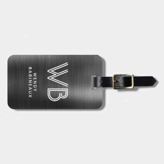 Stijlvol Elegant Zwart Metaal Twee Monogram Initia Bagagelabel (Voorkant horizontaal)