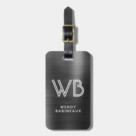 Stijlvol Elegant Zwart Metaal Twee Monogram Initia Bagagelabel (Voorkant verticaal)