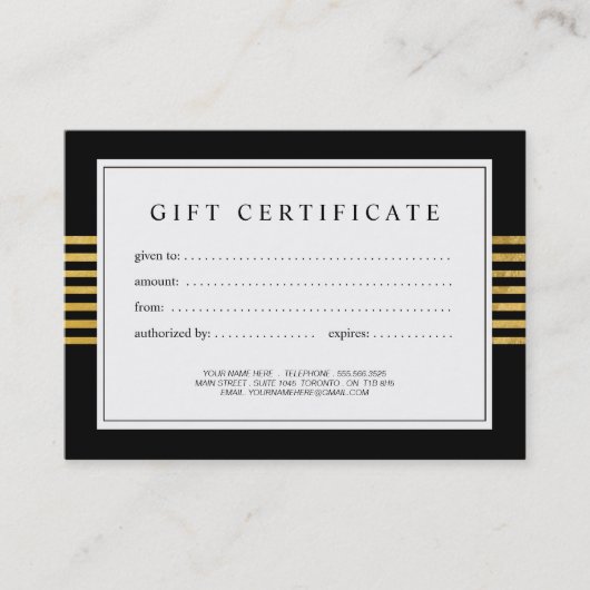 Stijlvol en modern Gold- en zwart cadeaucertificaa Kortingskaartje (Voorkant)