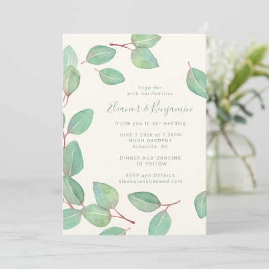 Stijlvol Eucalyptus Greenery Script Weddenschap Kaart (Staand voorkant)