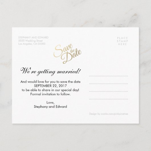 Stijlvol Faux Gold Save the Date Photo Briefkaart (Achterkant)