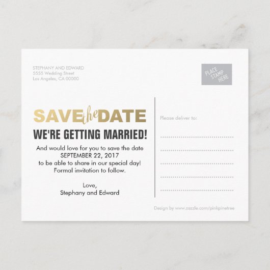 Stijlvol Faux Gold Save the Date Photo Briefkaart (Achterkant)