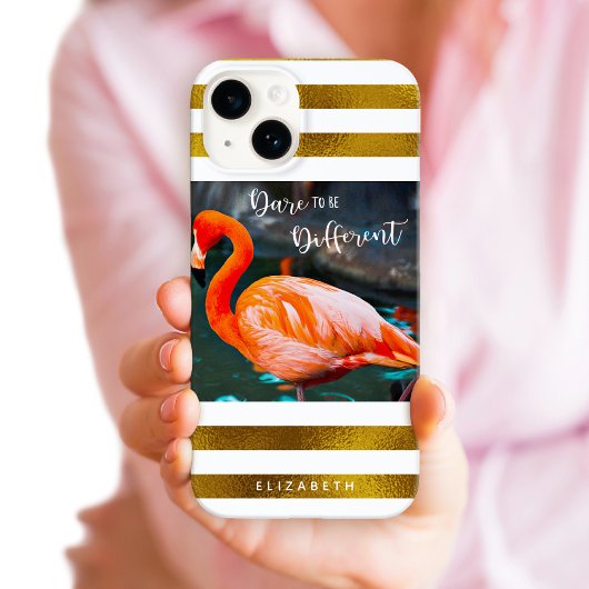 Stijlvol Flamingo Photo Gold Stripes Dare Quote Case-Mate iPhone Case