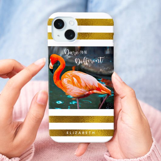 Stijlvol Flamingo Photo Gold Stripes Dare Quote Case-Mate iPhone Case