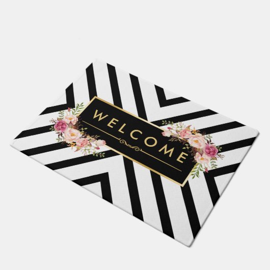 Stijlvol  Floral Black White Pattern Deurmat (Schuin)