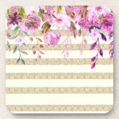 Stijlvol Floral Gold Striped Bier Onderzetter (Voorkant)