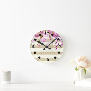 Stijlvol Floral Gold Striped Ronde Klok