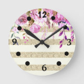 Stijlvol Floral Gold Striped Ronde Klok (Voorkant)