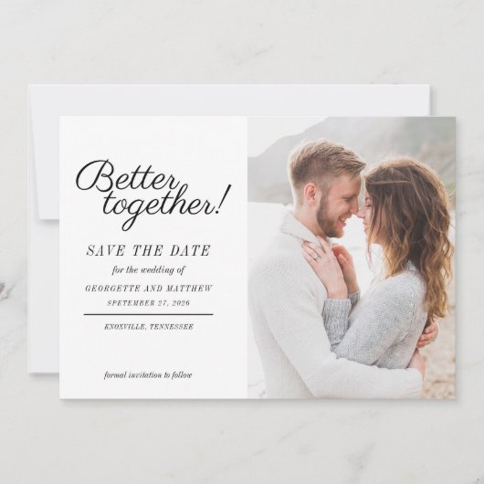 Stijlvol foto-script bruiloft Save The Date (Voorkant)
