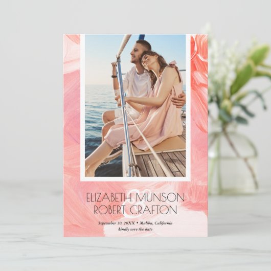 Stijlvol fotoweddenschap Getekend koraal sparen de Save The Date (Staand voorkant)