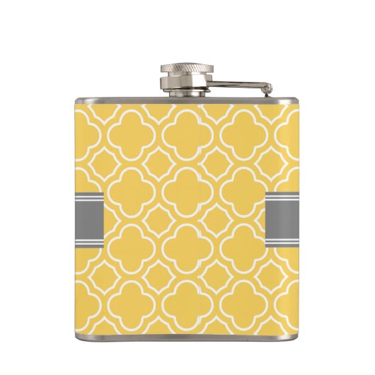 Stijlvol geel Quatrefoliepatroon met naam Heupfles (Achterkant)