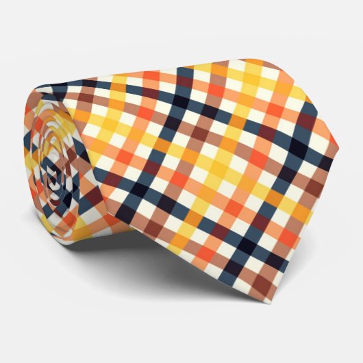 Stijlvol geel Sinaasappel blauw geruite patroon Stropdas (Opgerold)