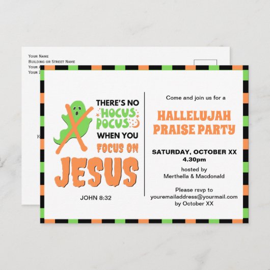 Stijlvol GEEN HOCUS POCUS Christelijk Halloween Uitnodiging Briefkaart (Voorkant / Achterkant)