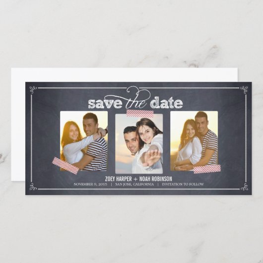 Stijlvol gehakt op 3 foto's waarop de datumkaarten save the date (Voorkant / Achterkant)