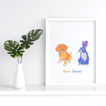 Stijlvol geïllustreerd Dog and Rabbit Wall Art Pos
